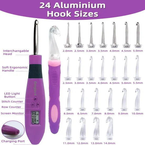 Light Up Crochet Hook Set with 24 Tips & Digital Counter - 24 Size with Light and Digital {4}
