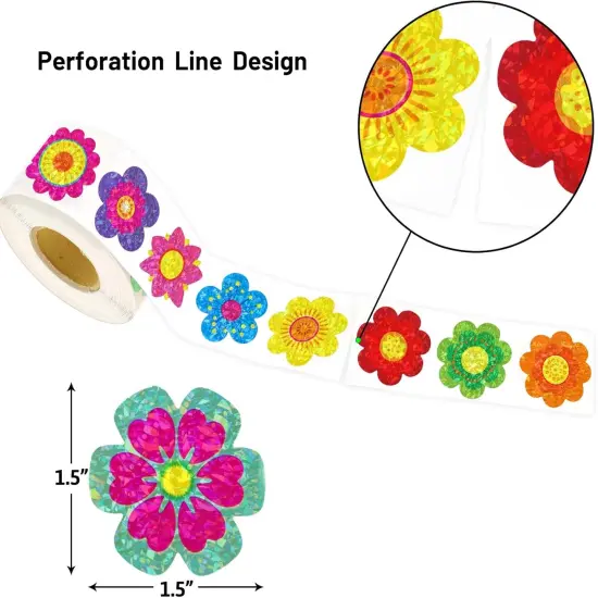 500Pcs Glitter Flower Stickers for Kids Spring Summer Foil Shiny Floral Label Roll Sticker for Envelopes Cards Party Supply Decoration Teacher Reward {3}
