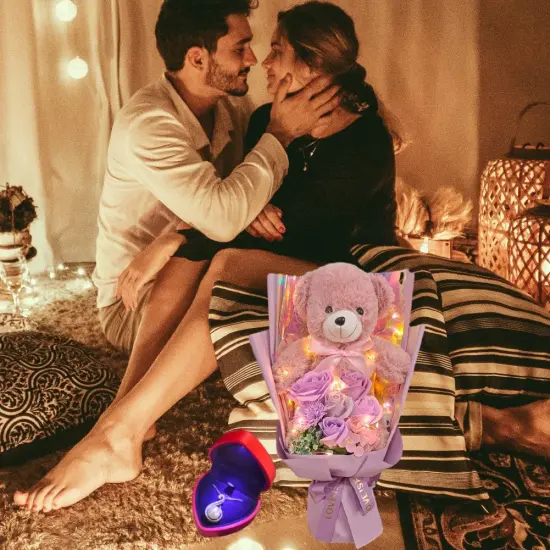 Preserved Rose Bouquet Flowers with Teddy Bear - PURPLE {3}
