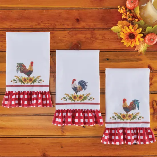 Collections Etc Roosters and Sunflowers Ruffled Hand Towels - Set of 3 {4}