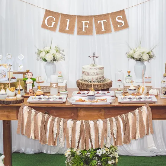 2 Pcs Boho Burlap Banner Baby Shower Decorations Set Include Rustic Gift Banner {5}