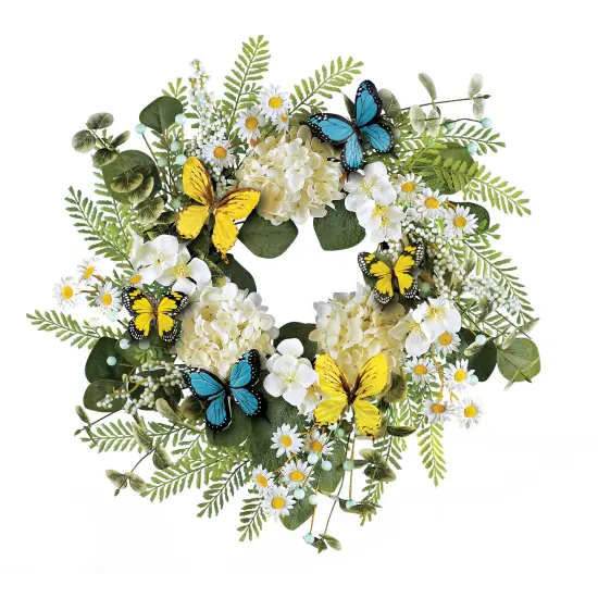 Collections Etc Beautiful Hydrangea Butterfly Garden Hanging Artificial Wreath {2}