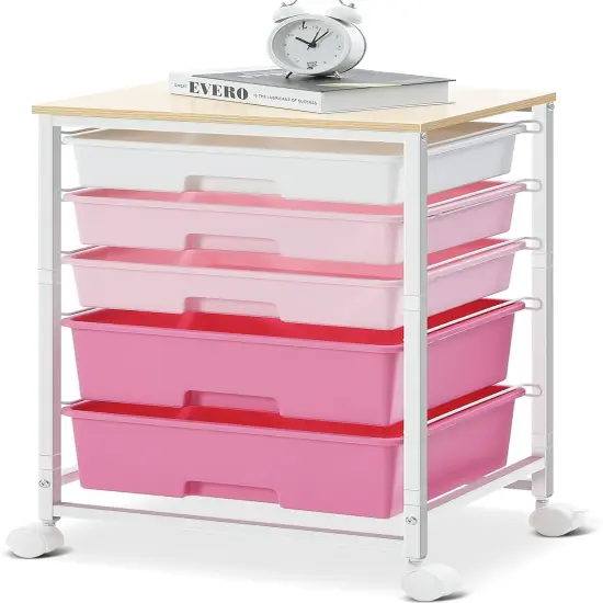 5 Drawers,Storage Drawer Cart with Wooden Tabletop and Lockable Wheels {1}