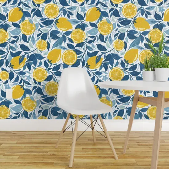 Peel & Stick Wallpaper 2FT Wide Citrus Mediterranean Summer Lemon Kitchen Fruit Distressed Faux Tile Texture Garden Trees Spring Italy Modern Farmhouse Classic Traditional Custom Removable Wallpaper by Spoonflower {1}