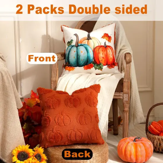 2 Packs Double Sided Throw Fall Pillow Covers - 18x18 (Pumpkins) {2}