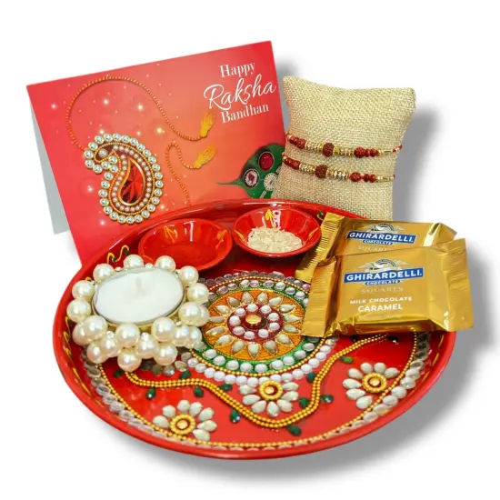 Rakhi Gift Hamper Rakhi for Brother Gift Set - Rakhi Set of 1 with Puja Thali Roli Chawal Candle Holder Sweets Greeting Card - Raksha Bandhan Bracelet Rakhi for Bhai {5}