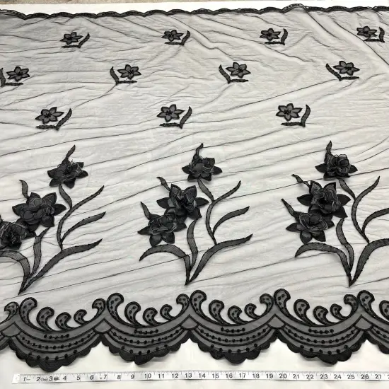 1 Yard Beaded 3D Floral Lace Fabric Embroidered Couture Mesh Gown 52" Width Black {1}