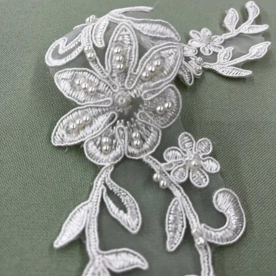 1 Pair Beaded & Corded Lace Applique Embroidered on 100% Polyester Organza 10" x 2" Each Side Ivory {2}