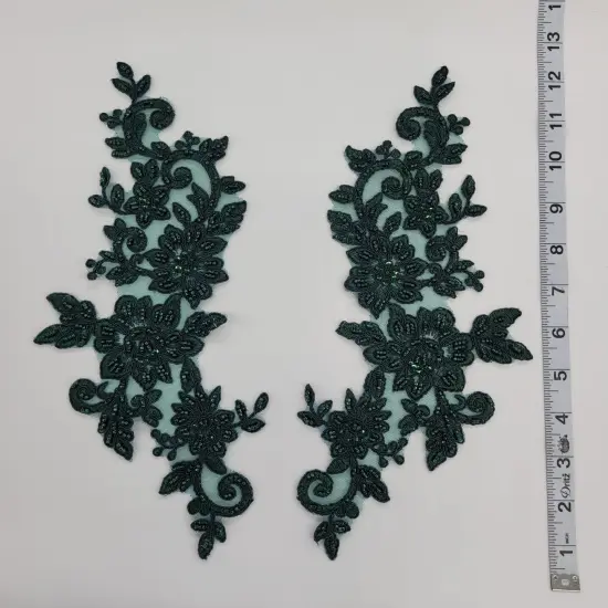 1 Pair Beaded & Corded Floral Lace Applique 100% Polyester Net Mesh 12.5" x 5" Each Side Hunter {1}