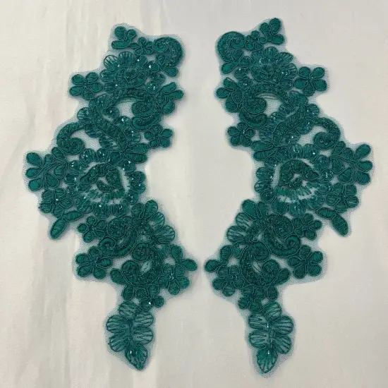 1 Pair 9" x 3" Each Side Beaded & Corded Floral Lace Applique Organza Jade Color {1}