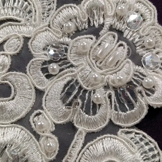 1 Pair Beaded & Corded Floral Lace Applique 11" x 3" Each Side Ivory {2}