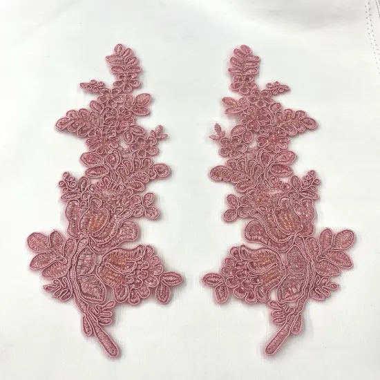 1 Pair Beaded & Corded Floral Lace Applique 100% Polyester Net Mesh 12" X 3.5" Each Side Dusty Rose Color {1}