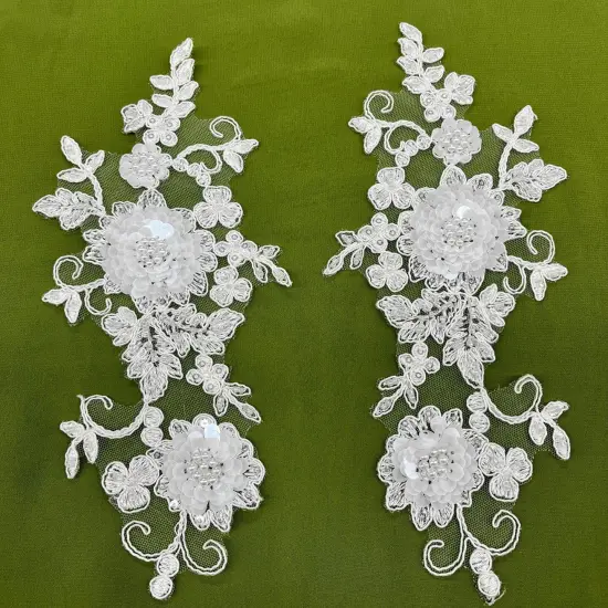 1 Pair Beaded & Corded Floral 3D Lace Applique 100% Polyester Net Mesh 9" x 4" Each Side White {6}