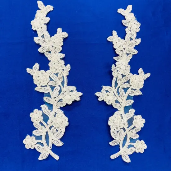 1 Pair Beaded & Corded Floral Lace Applique Embroidered on 100% Polyester Mesh 10" x 3" Each Side Ivor {5}