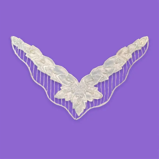 Beaded Lace Applique Embroidered on 100% Polyester Satin 11" x 2.75" Off White {1}