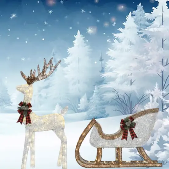 Silver Thread Deer & Sleigh Set 48" Deer, 38" Sleigh, Lighted Christmas Decor {2}