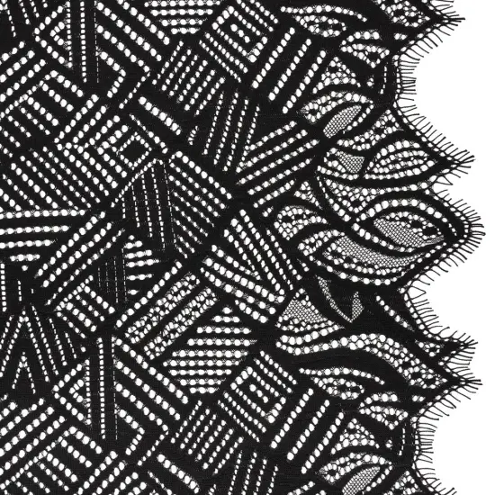 1 Yard Black Raschel Lace Fabric Geometry Leaves Organic Edge Sheer Nylon 54 Inch Width {2}
