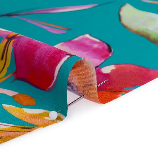 1 Yard Turquoise Pink Multicolor Silk Charmeuse Print Illustrated Watercolor Flowers Made in Italy Width 53" {2}