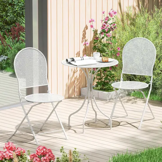 Costway 3 PCS Metal Bistro Set Round Table & 2 Folding Chairs with Rattan-Like Pattern Black/White {9}
