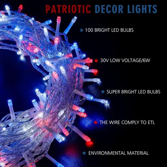 Red White and Blue Lights Clear Wire, 33 Ft 100 LED 4th of July Decorations String Lights Plug in, Waterproof Christmas Light for Independence Day Patriotic Memorial Day Indoor Outdoor Decor {2}