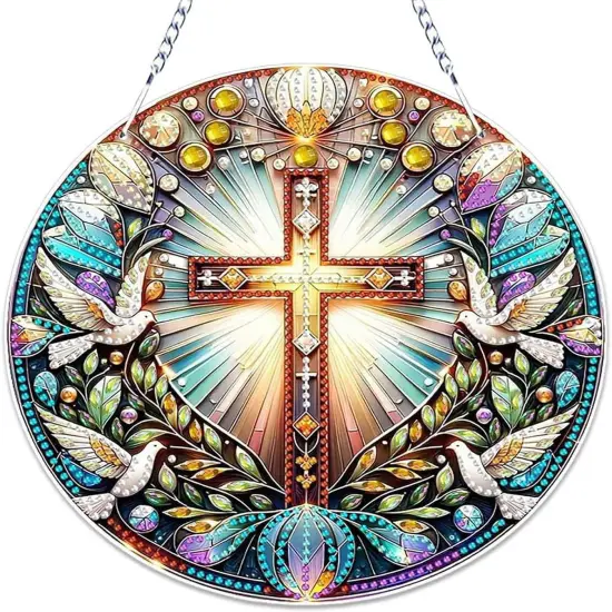 Christian Cross Dove Diamond Art Acrylic Hanging Kit for Adults, Religious DIY Special Shaped Diamond Painting kits Window Pendant Ornament(Peace Dove and Cross) {1}