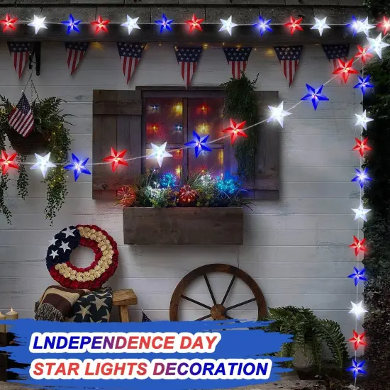 [ 8 Modes & Timer ] 2 Pack Red White and Blue Lights, 20 FT 80 LED 4th of July Lights Remote Battery Operated for Patriotic Memorial Day Independence Fourth of July Decorations {5}