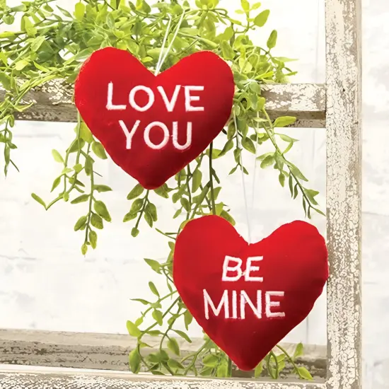 2 Asstd. Red Velvet Heart Ornament, Embroidered "BE MINE" & "LOVE YOU" {2}