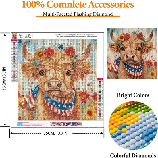 4th of July Diamond Painting Kits for Adults- 5D Diamond Art Kits Highland Cow,DIY Full Drill Independence Day Diamond Gem Art with Painting Kits for Home Wall Decor(14x14inch) {3}