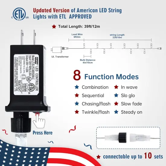 Red White and Blue Lights Clear Wire, 33 Ft 100 LED 4th of July Decorations String Lights Plug in, Waterproof Christmas Light for Independence Day Patriotic Memorial Day Indoor Outdoor Decor {3}