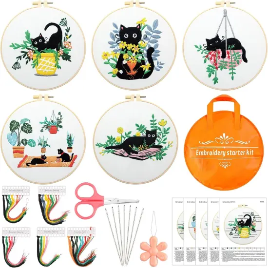 5 Sets Embroidery Starter Kit with Black Cat Patterns and Instructions {1}
