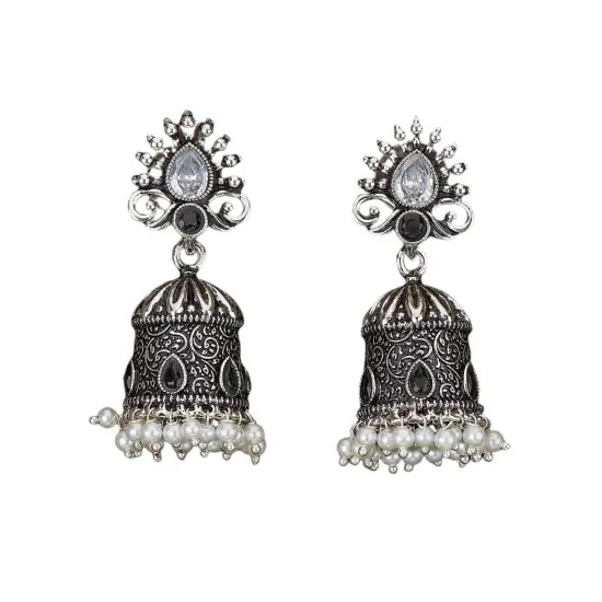 Indian Oxidized Jhumka Earrings for Women - Vintage Indian Jhumki Ethnic Chandbali Earrings Faux Pearls with Oxidized Platting Bollywood Style Dangle Earring Jewelry for Bride Gift for Her BlackWhite {1}