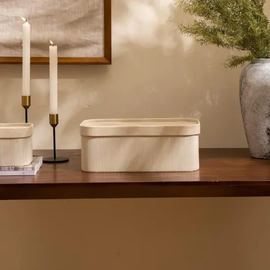 Set of 3 Storage Basket with Leather Lids - Gray {4}