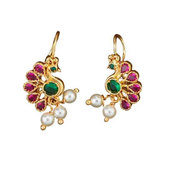 Indian Peacock Earrings for Women - Indian Jhumka Earrings for Women Small Tops Earring in Golden Tone Faux Pearl Bollywood Style Dangle Earring Chandelier Jhumki Jewelry for Bride RubyGreenMoti {1}