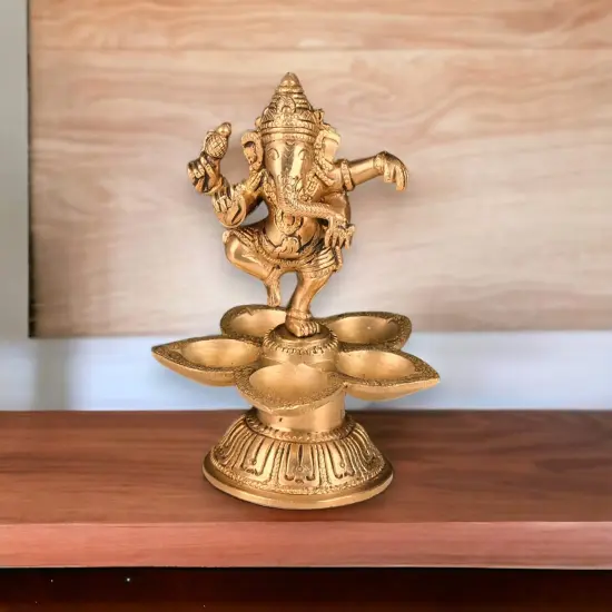 Dancing Ganesha Solid Brass Diya Deepam Vilakku Samai Oil Lamp with Base Home Pooja Room Diwali Decorations Mandir Temple Ganesha Akhand Diya Hindu Puja Religious Deepawali Return Gift {6}