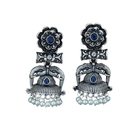 Indian Oxidized Jhumka Earrings for Women - Indian Oxidized Trishul Jhumki Ethnic Shiva Trident Chandbali Earrings Faux Pearls Bollywood Style Floral Dangle Earring Jewelry for Bride WHITE {6}