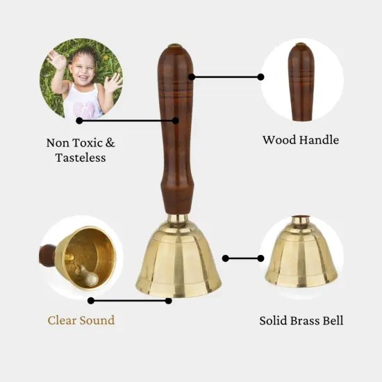 Solid Brass Bell Hand Call Bell for School Teacher Indian Weddings Christmas Pooja Room Temple Handheld Extra Loud Prayer Bells with Wooden Handle - Perfect for any Occasion {4}