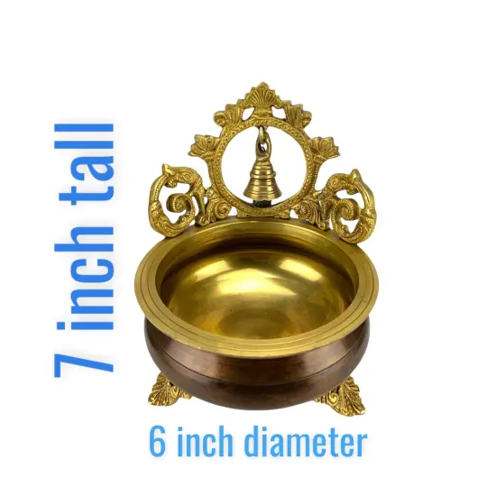 Brass Urli Bowl with Bell 7 Inch Indian Ethnic Urli Bowls for Floating Flowers Tea Light Candles Home Office Table Pooja Room Decor Diwali Decoration Showpiece Housewarming Gift {3}