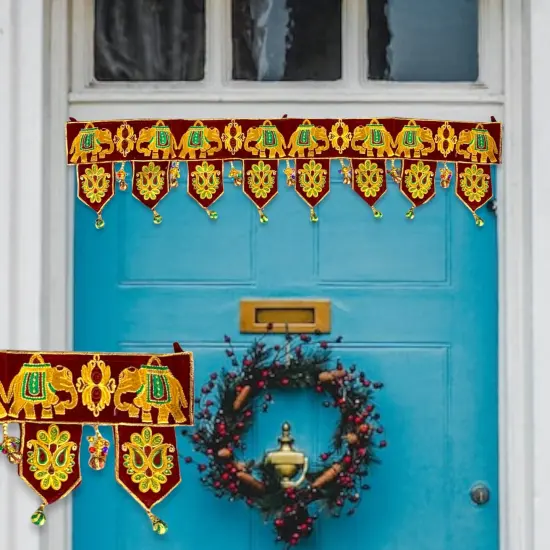 Indian Fabric Door Toran 36 Inch Bhandarwal Hanging Valance Elephant Velvet Traditional Wall Decorative for Window Home Temple Decor Wedding Diwali Navratri Puja Housewarming Decorations {1}