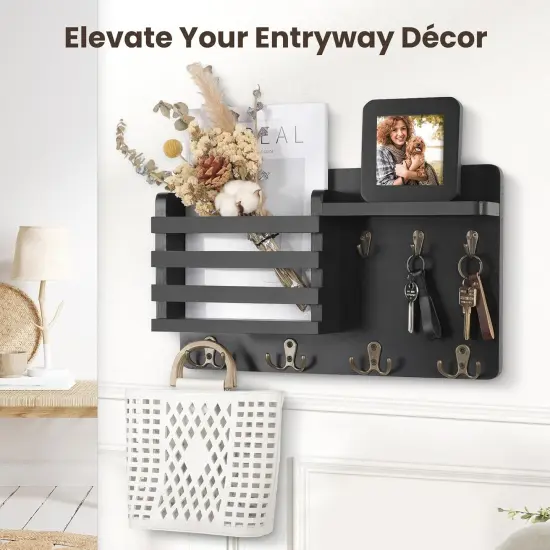 Mail Holder for Wall Mail Organizer with Key Hooks Hallway Farmhouse Decor Letter Sorter Made of Natural Wood with Floating Shelf and Flush Mount Hardware (16.8Inch x 10Inch x 3.2Inch) {3}