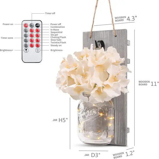 Decorative Mason Jar Wall Decor - Rustic Wall Sconces with 6-Hour Timer LED Fairy Lights and Flowers - Farmhouse Home Decor (Set of 2) {5}