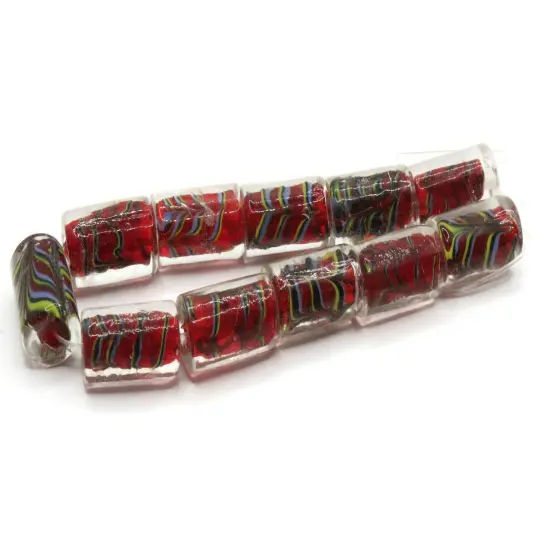 11 18mm Red with Yellow and Blue Striped Lampwork Glass Tube Beads {3}