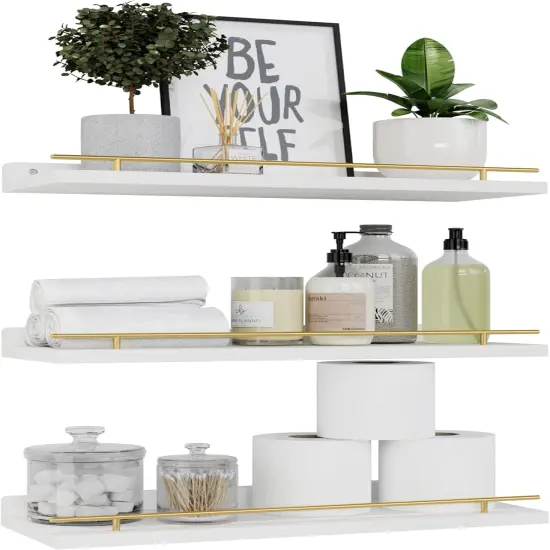 Floating Shelves with Gold Metal Guardrail, Shelves for Wall Decor Set of 3, Wall Shelves for Bedroom, Bathroom, Kitchen, Living Room, Plants, Picture Frames, Art- White and Gold {1}