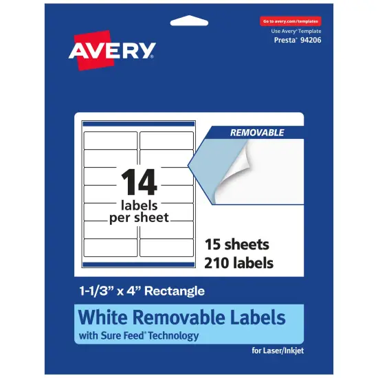 Avery Matte White Removable Rectangle Labels with Sure Feed Technology, 1-1/3" x 4" {1}