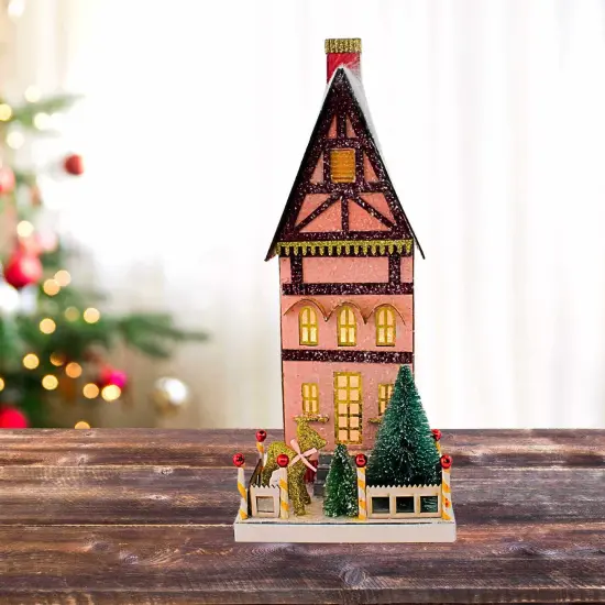 Cody Foster 15.5 Inch Petit Townhouse House Christmas Putz House , Christmas Decor Putz Village Deer Retro Pink {5}
