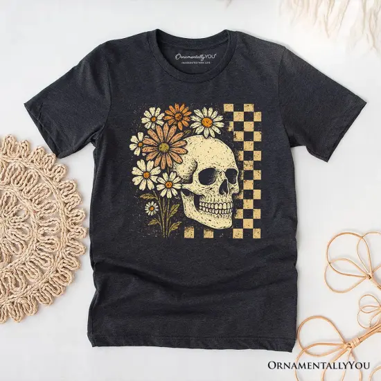 Checkered Floral Skeleton T-Shirt, Vintage Skull Daisy Halloween Tee {1}