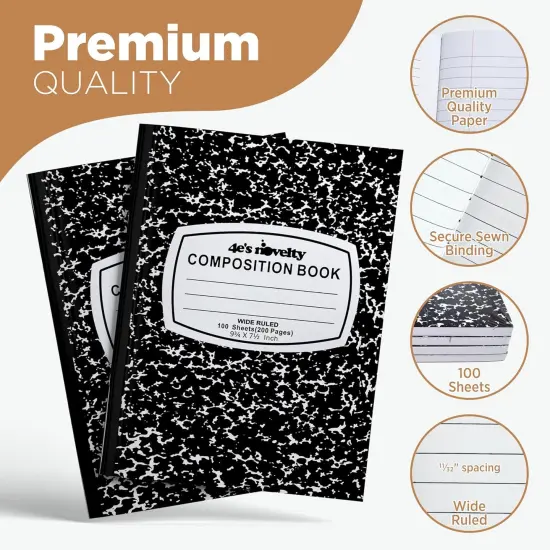 4E's Novelty Wide Ruled Composition Notebooks [4 Pack] Hard Cover 100 Sheets 9.75" x 7.5" - Black Marble Bulk Compositon Book Wide Ruling, Back to School Supplies For Students Boys Girls & College {3}