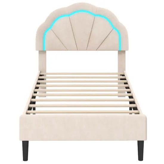 Beige Velvet Bed Frame with LED Lights, Petal Headboard and Adjustable Height {1}