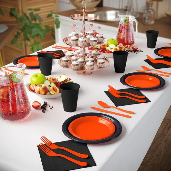 Exquisite 350 Pcs Plastic Plates for Party &ndash; Disposable Plates Set &ndash; 50 Each of 9" Dinner Plates, 7" Dessert Plates, Plastic Cups, Napkins & Plastic Cutlery &ndash; Plastic Dinnerware by Party Solids Orange & Black {4}