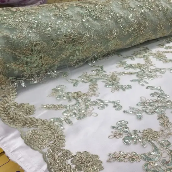 1 Yard Mint Metallic Flowers Sequins Mesh Lace Fabric for Tablecloths and Costumes {3}