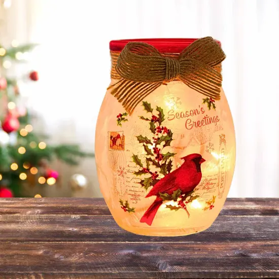 Stony Creek 4.0 Inch Vintage Postcard Small Jar Christmas Lighted Glass Accent , Christmas Decor Pre-Lit Electric Christmas CARDINAL {4}
